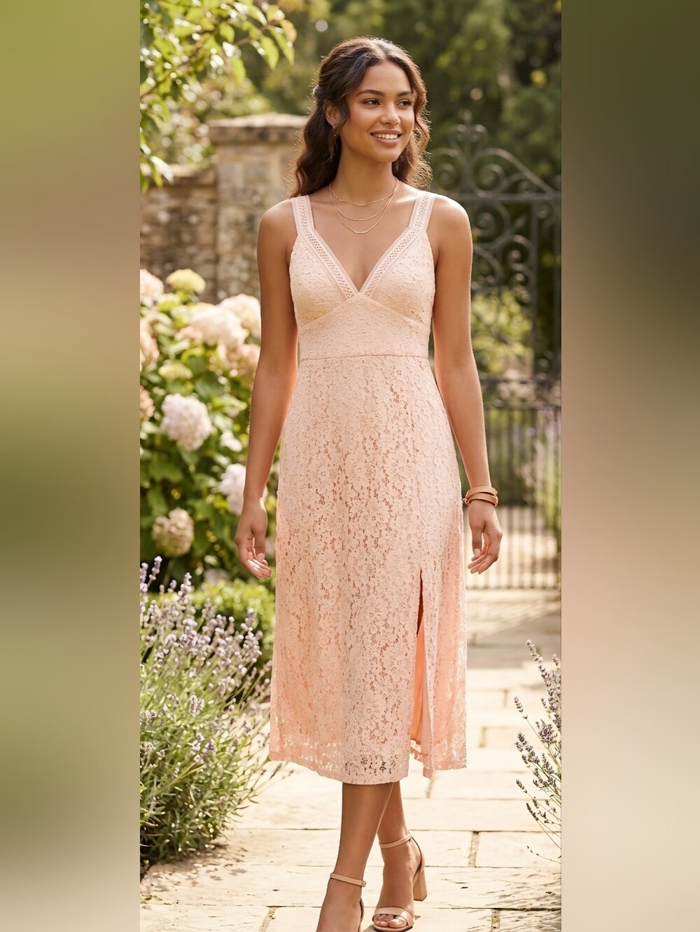 NWT Lush Blush Pink Lace V-Neck Midi Dress with Slit - Size L